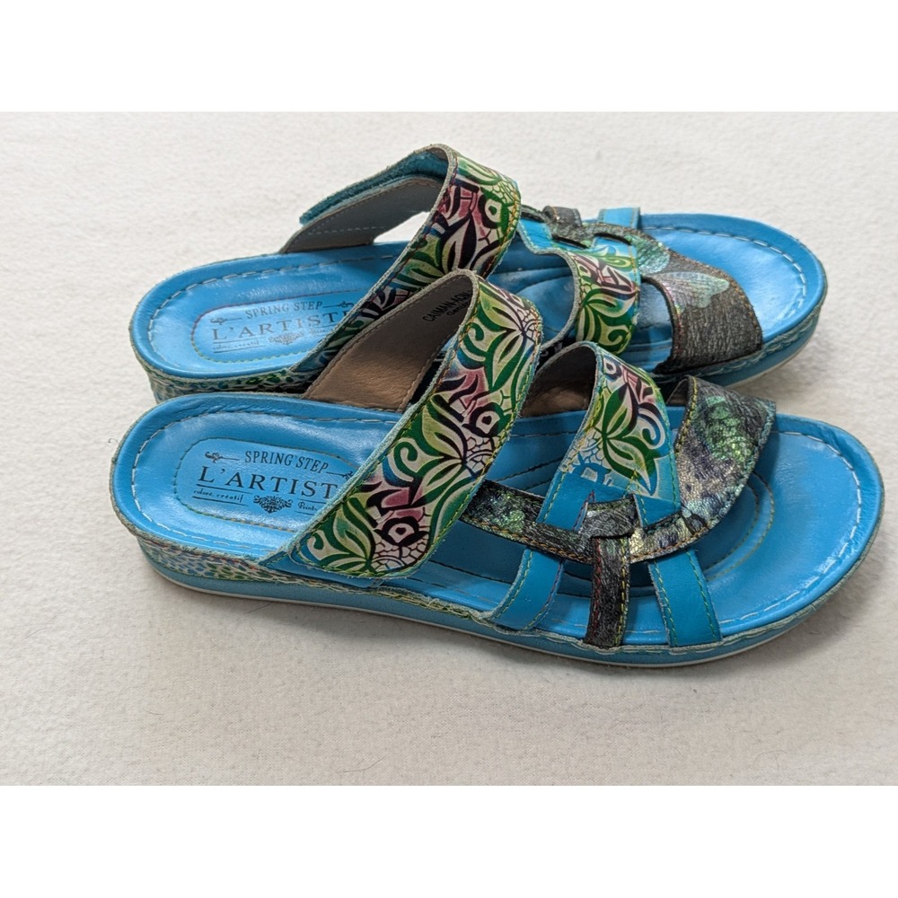 L' ARTISTE By Spring Step Sz 39 US 8.5 Caiman Blue Leather Slide Sandals Boho - Picture 5 of 9